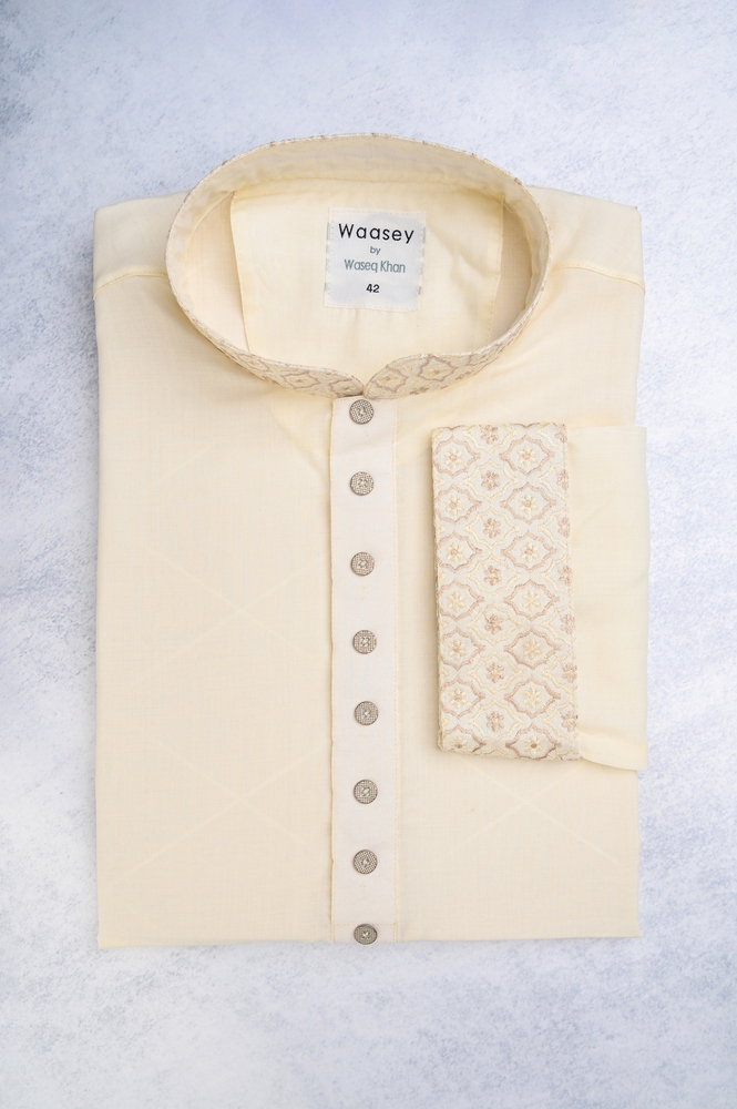 Classic Ivory Panjabi with Geometric Embroidery